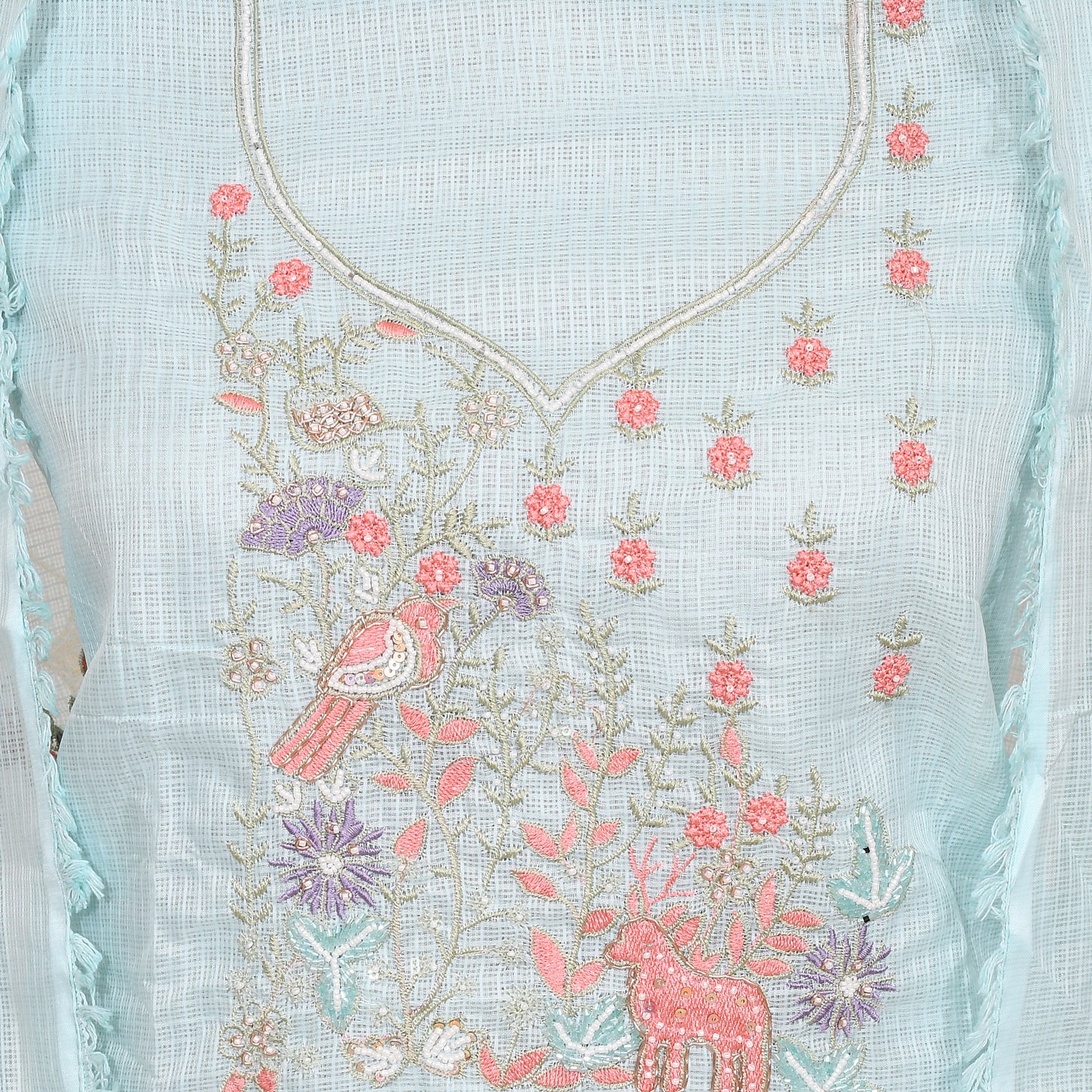 Baby Blue Kota Doria Chikankari With Embroidery Unstitched Suit