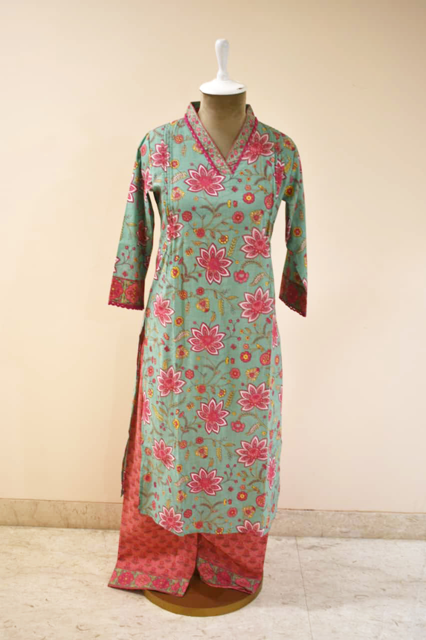 Teal & Pink Floral Print Cotton Co-ord Set