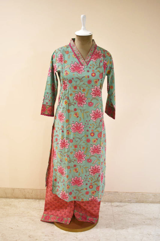 Teal & Pink Floral Print Cotton Co-ord Set