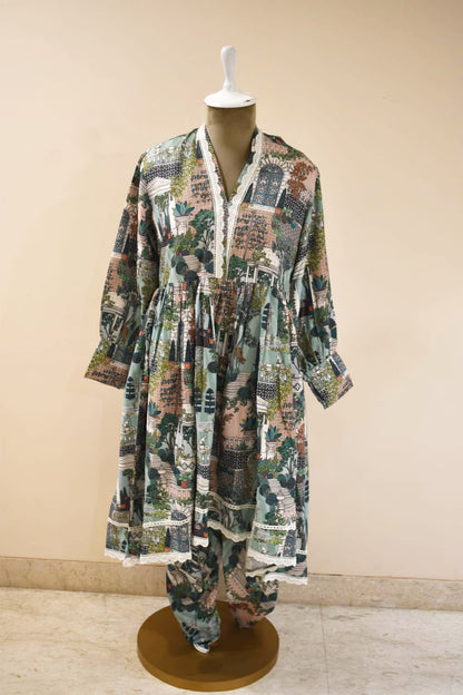 Elegant Multi-Color Printed Cotton Cord Set with Lace Detailing