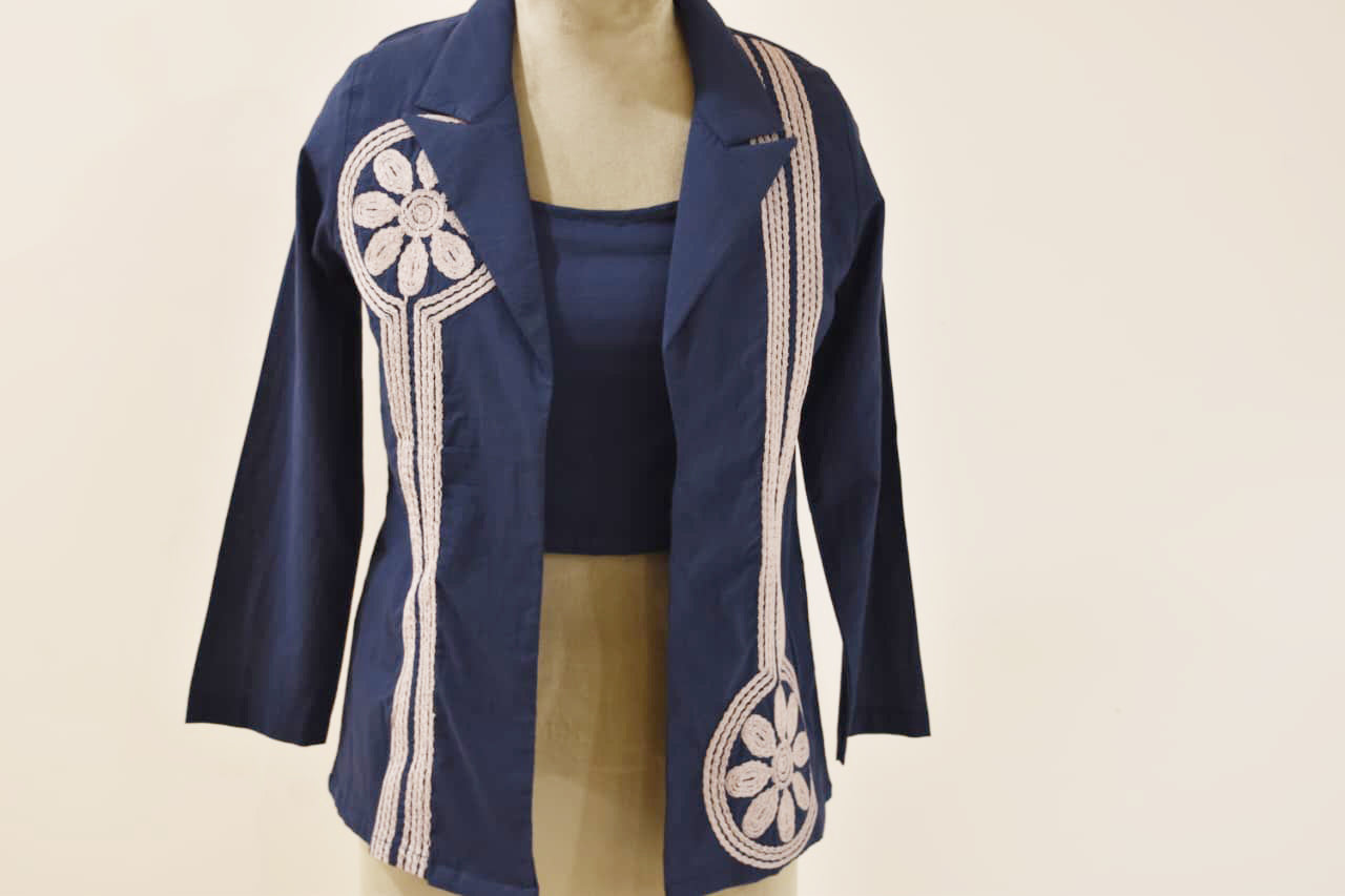 Elegant Navy Blue Embroidery Cotton Jacket With Floral Detailing