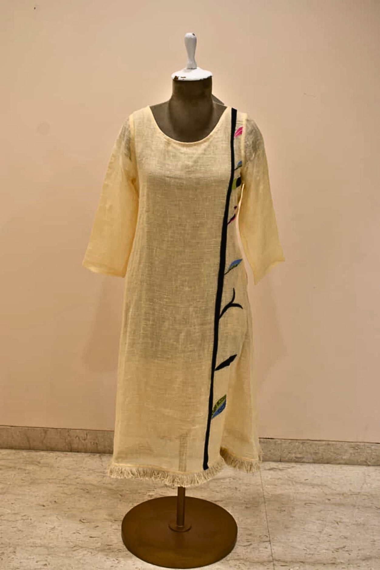 Cream Full Sleeve With Leaf Print Pure Linen Dress