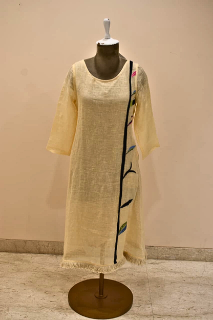 Cream Full Sleeve With Leaf Print Pure Linen Dress
