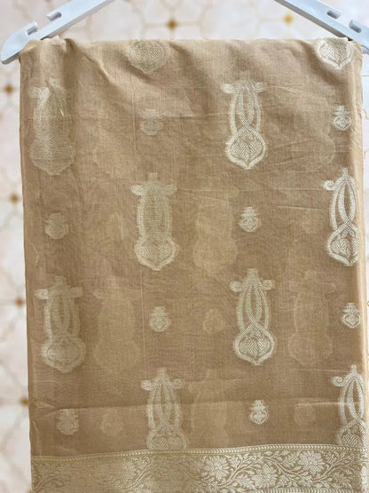 Beige Banarasi Cotton Saree with Zari Border