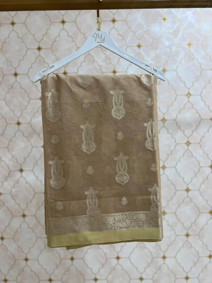 Beige Banarasi Cotton Saree with Zari Border