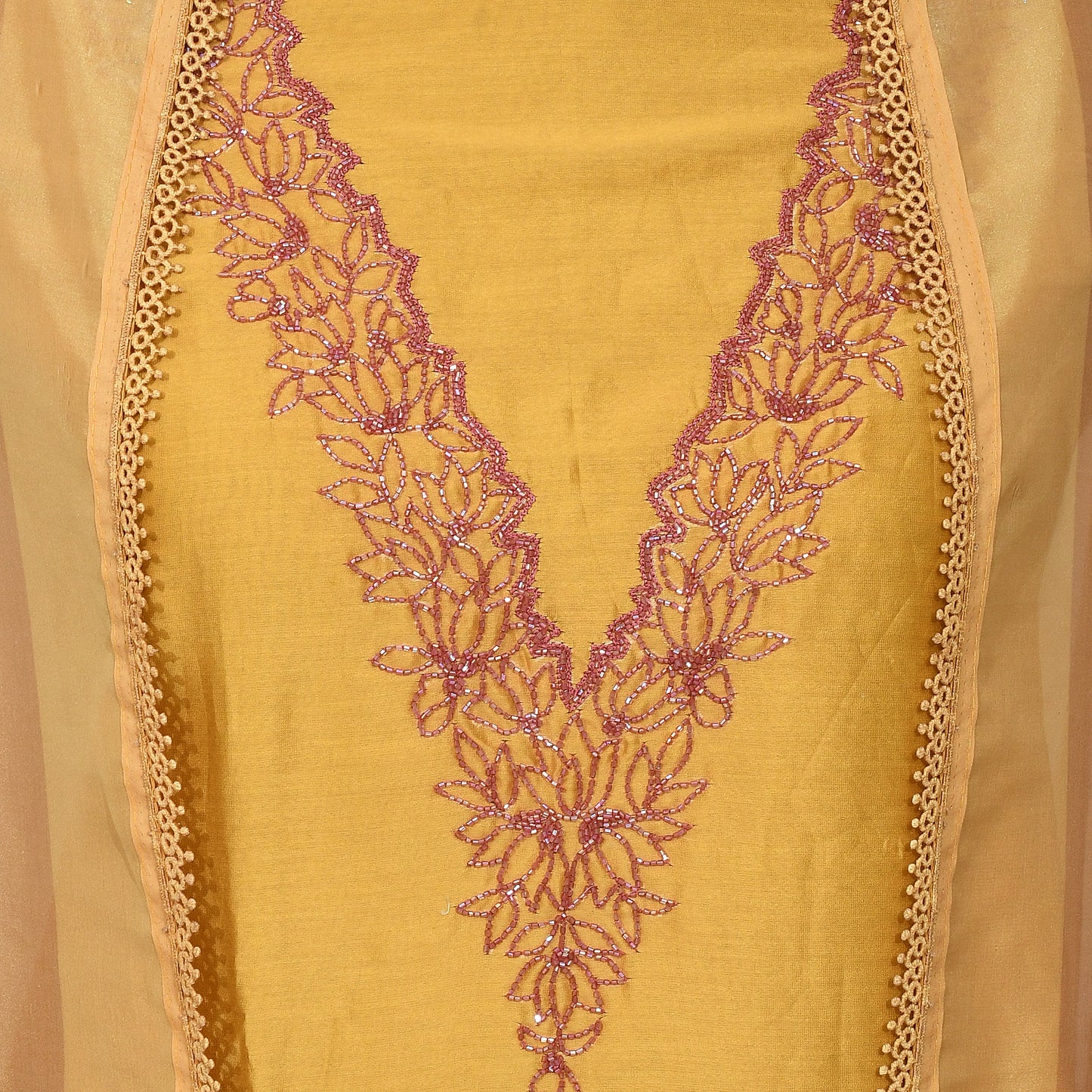 Mustard Chanderi Hand Embroidery Unstitched Suit With Digital Print Dupatta